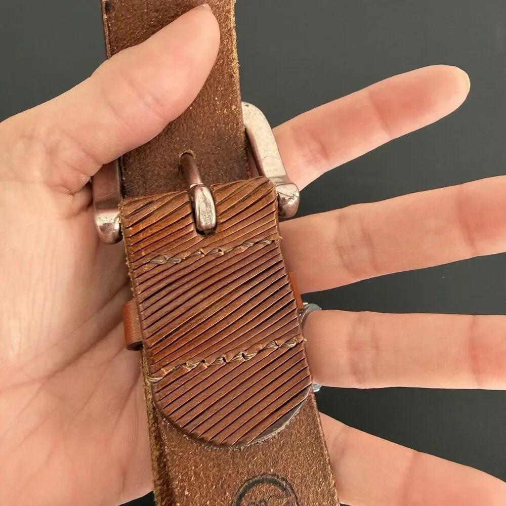 Torino Men’s Brown Genuine Leather Belt Size 32 Embossed Stripe Silver Buckle